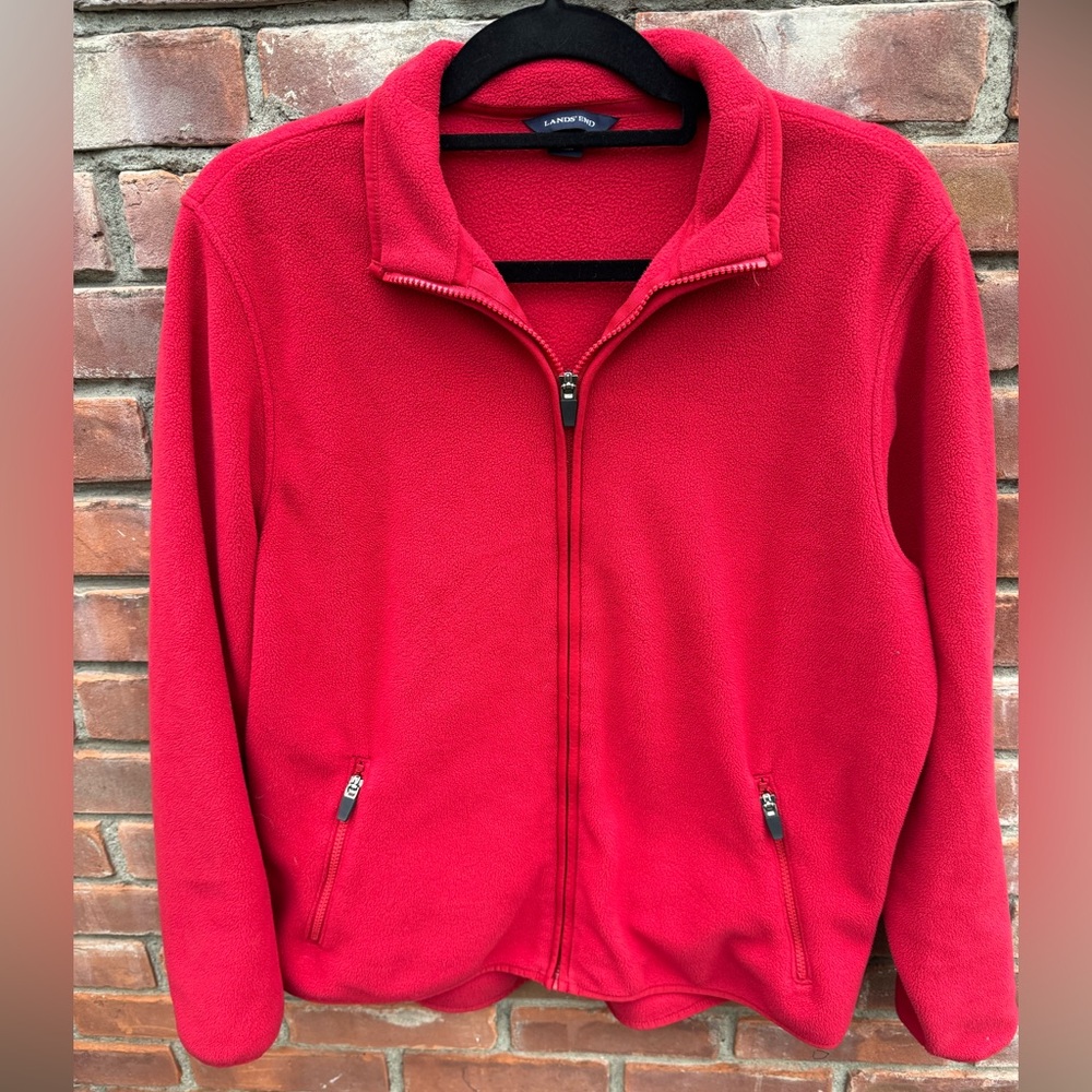 Lands End red zip up fleece jacket large size 10/12 EUC